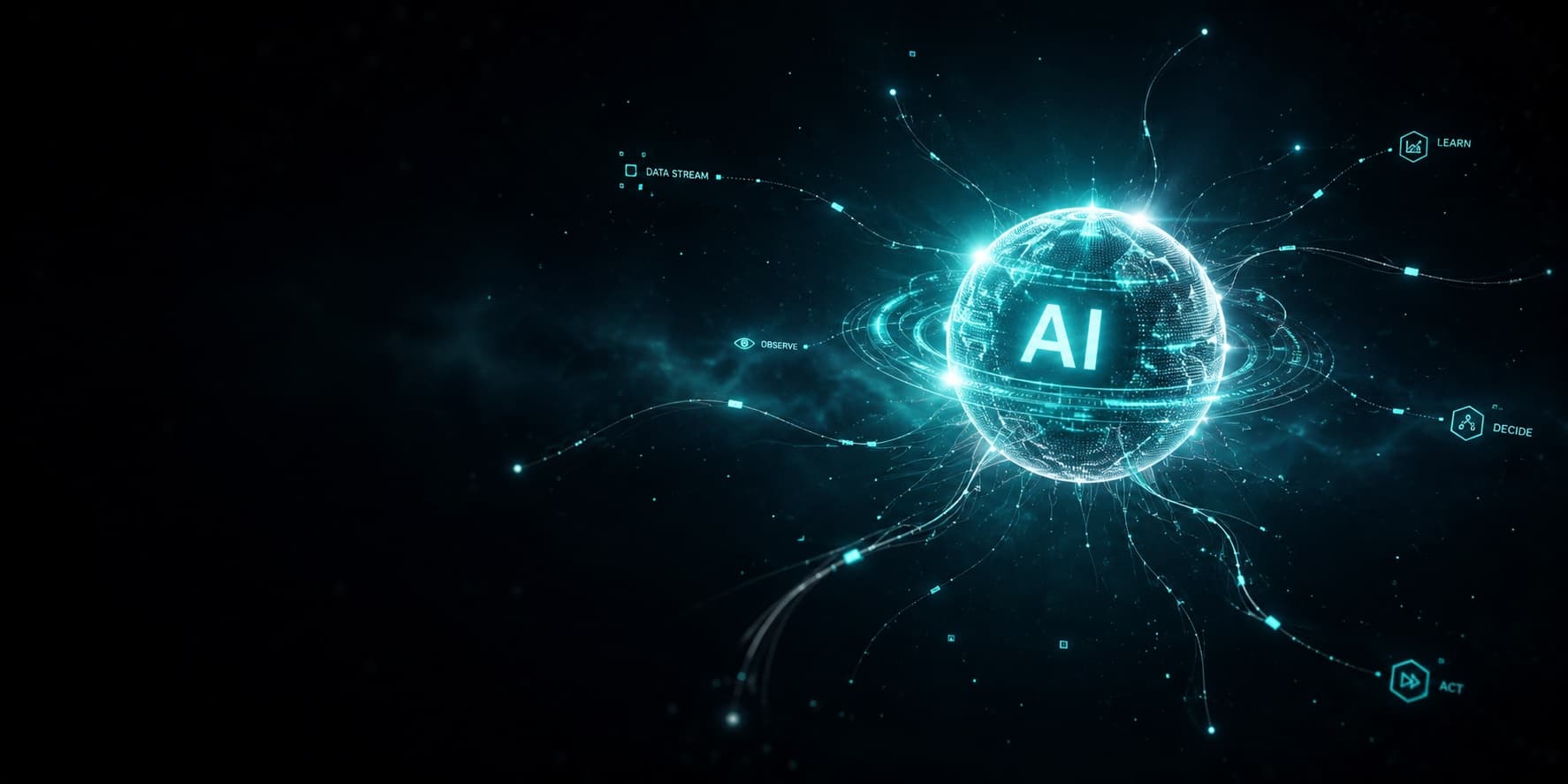 Abstract visualization of an AI agent loop with nodes and connections