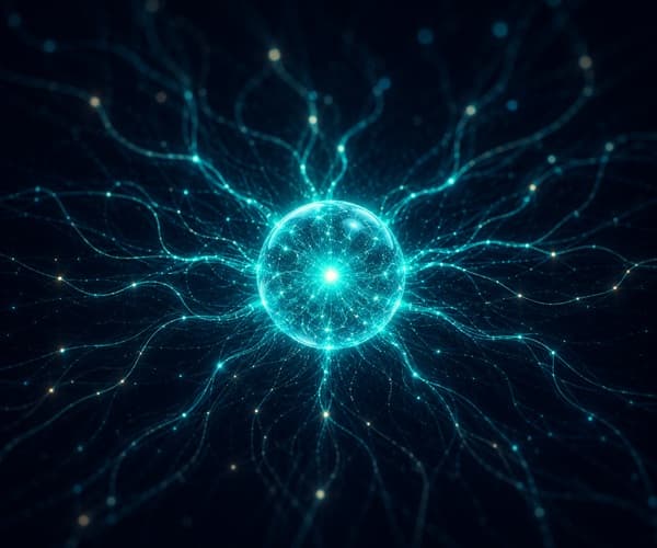 Abstract AI visualization — neural networks, agents, and data flows