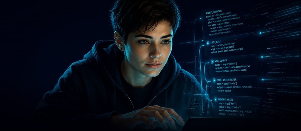 Jordan Blake at a standing desk reviewing code for a production AI agent deployment