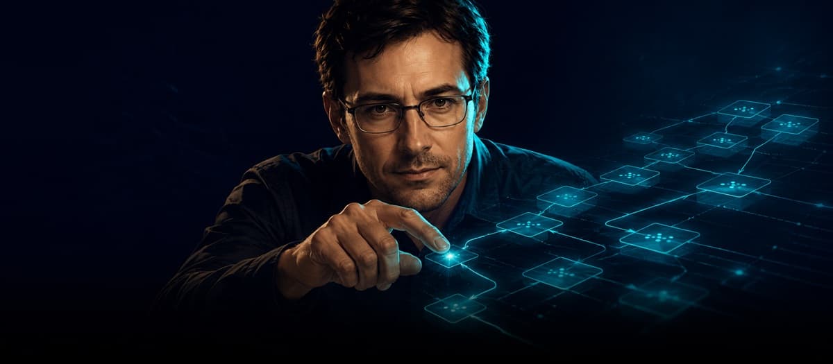 Prof. Liam Carter in a server room reviewing a multi-agent system architecture diagram